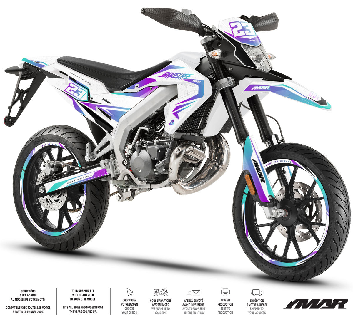 Kit déco moto 50cc Lys - Compatible avec Aprilia SX/RX 2018-2025 sur une moto équipée de stickers graphiques modernes.