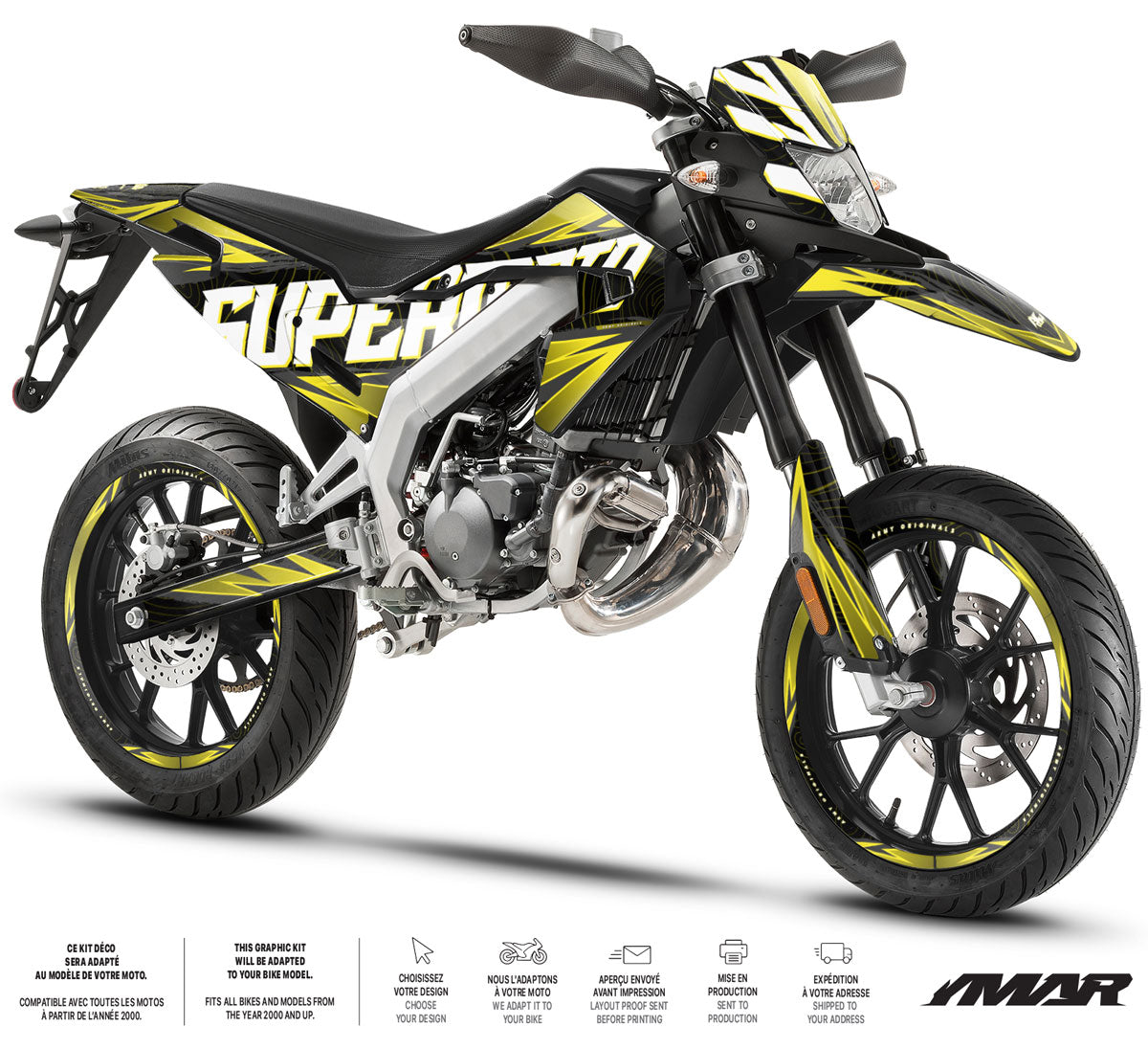 Kit déco moto 50cc Magix - Compatible avec Aprilia SX/RX 2018-2025 sur une moto supermotard au design audacieux.