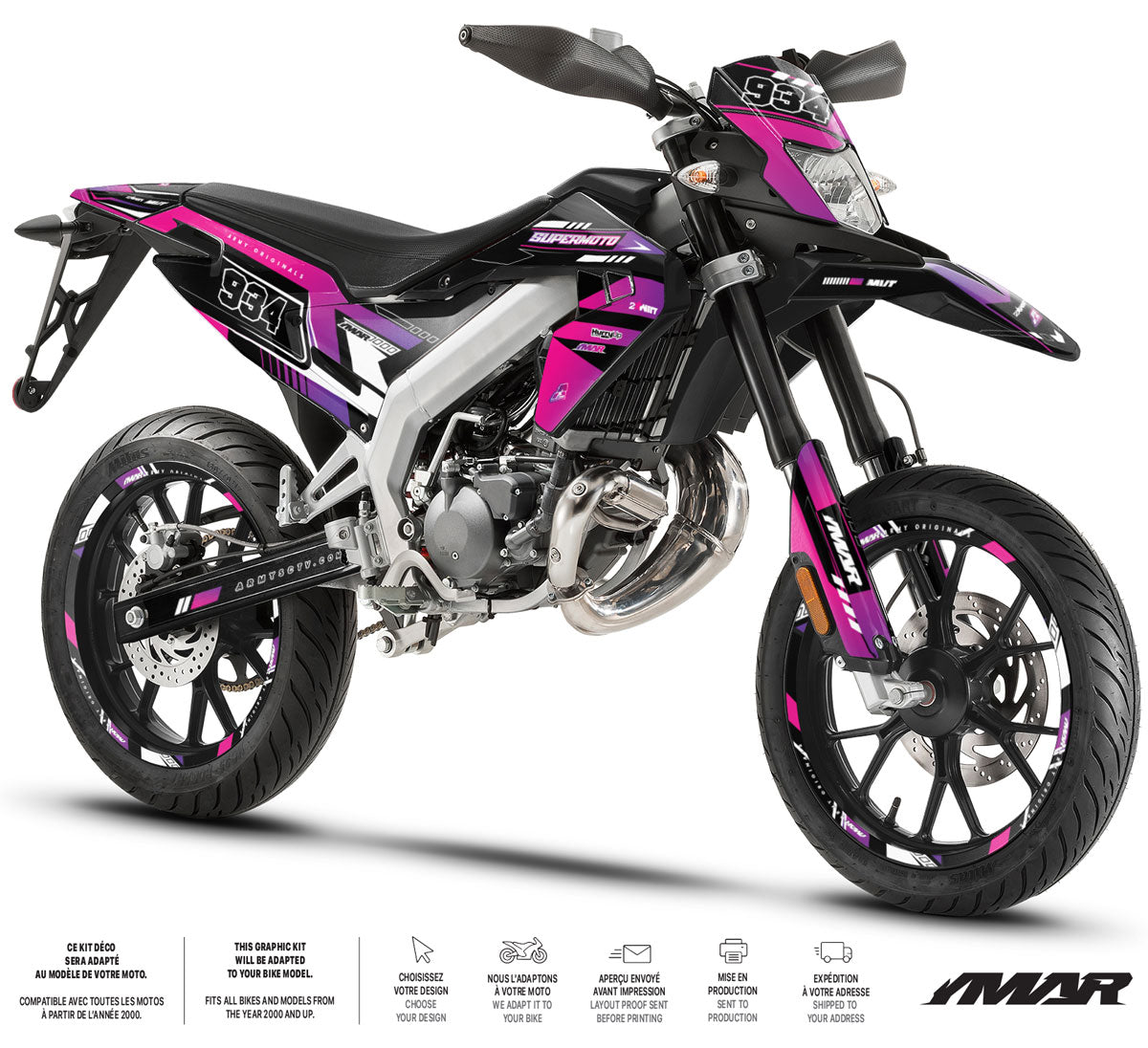 Kit déco moto 50cc Nerine - Compatible avec Aprilia SX/RX 2018-2025 sur une moto avec design audacieux en noir et violet.