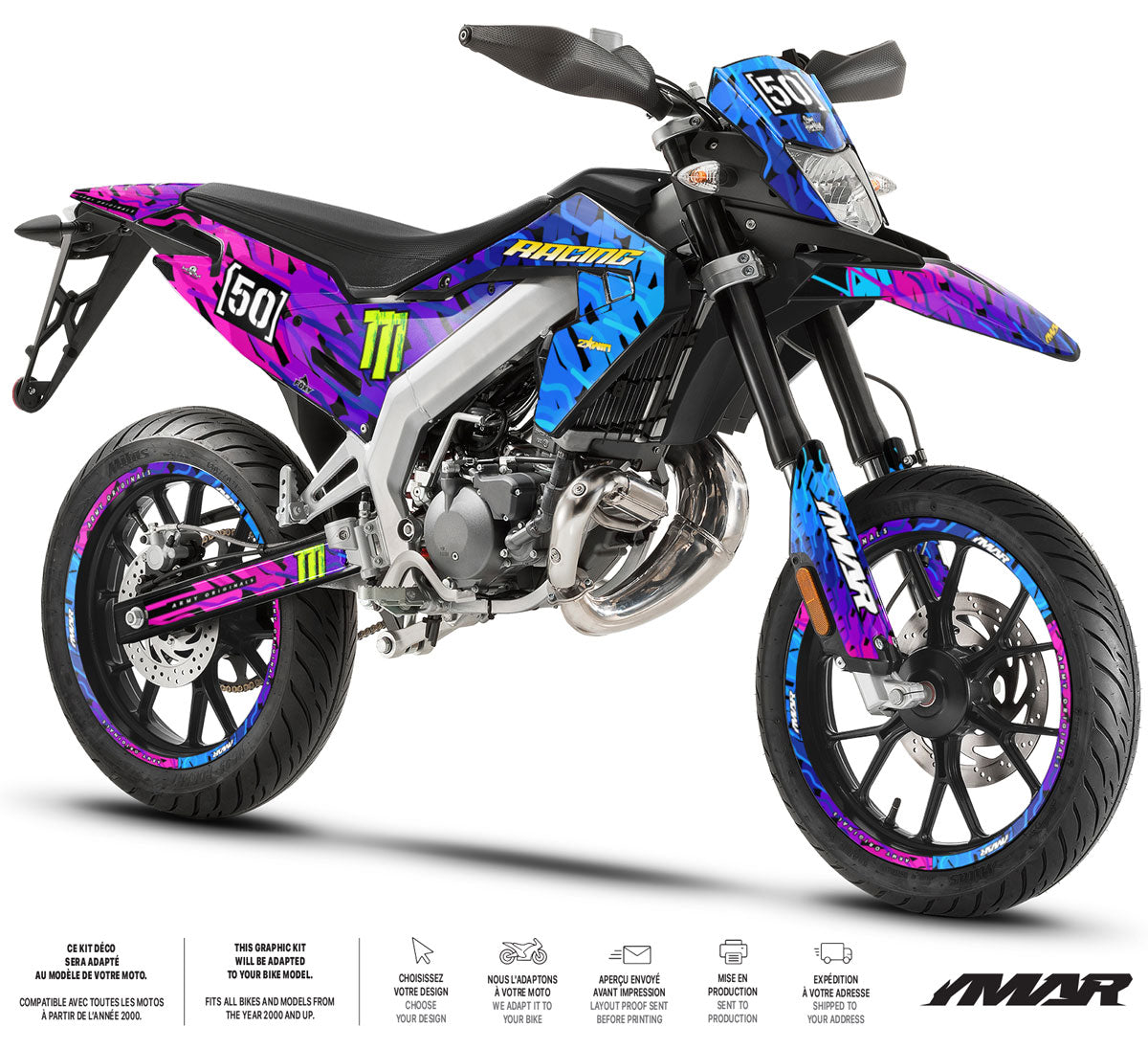 Kit déco moto 50cc Sparkler - Compatible avec Aprilia SX/RX 2018-2025 sur moto 50cc colorée et moderne.
