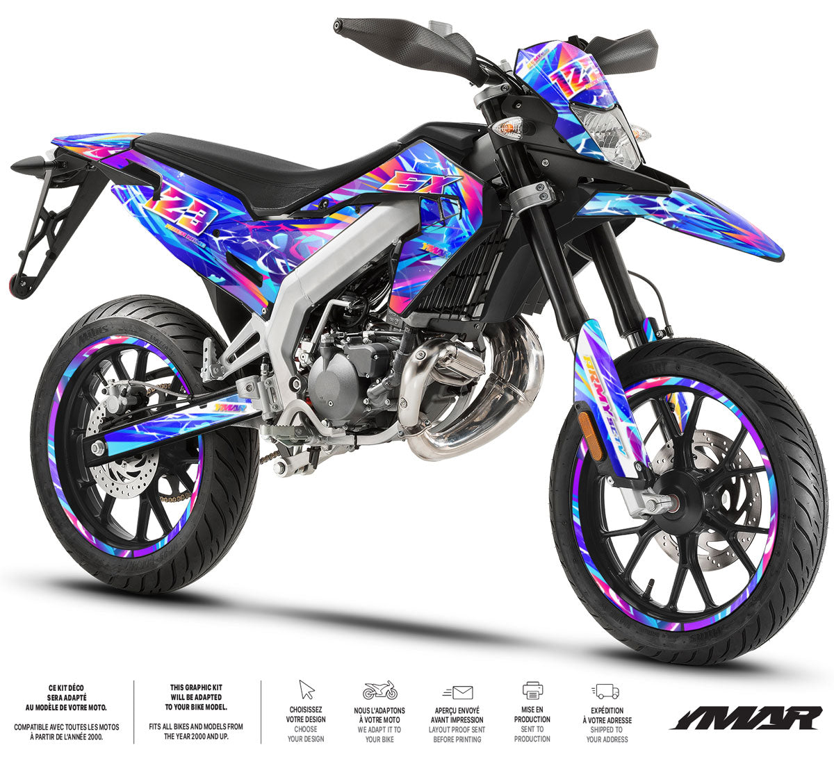 Kit déco moto 50cc Ultra Vector - Compatible avec Aprilia SX/RX 2018-2025 sur une moto design audacieux.