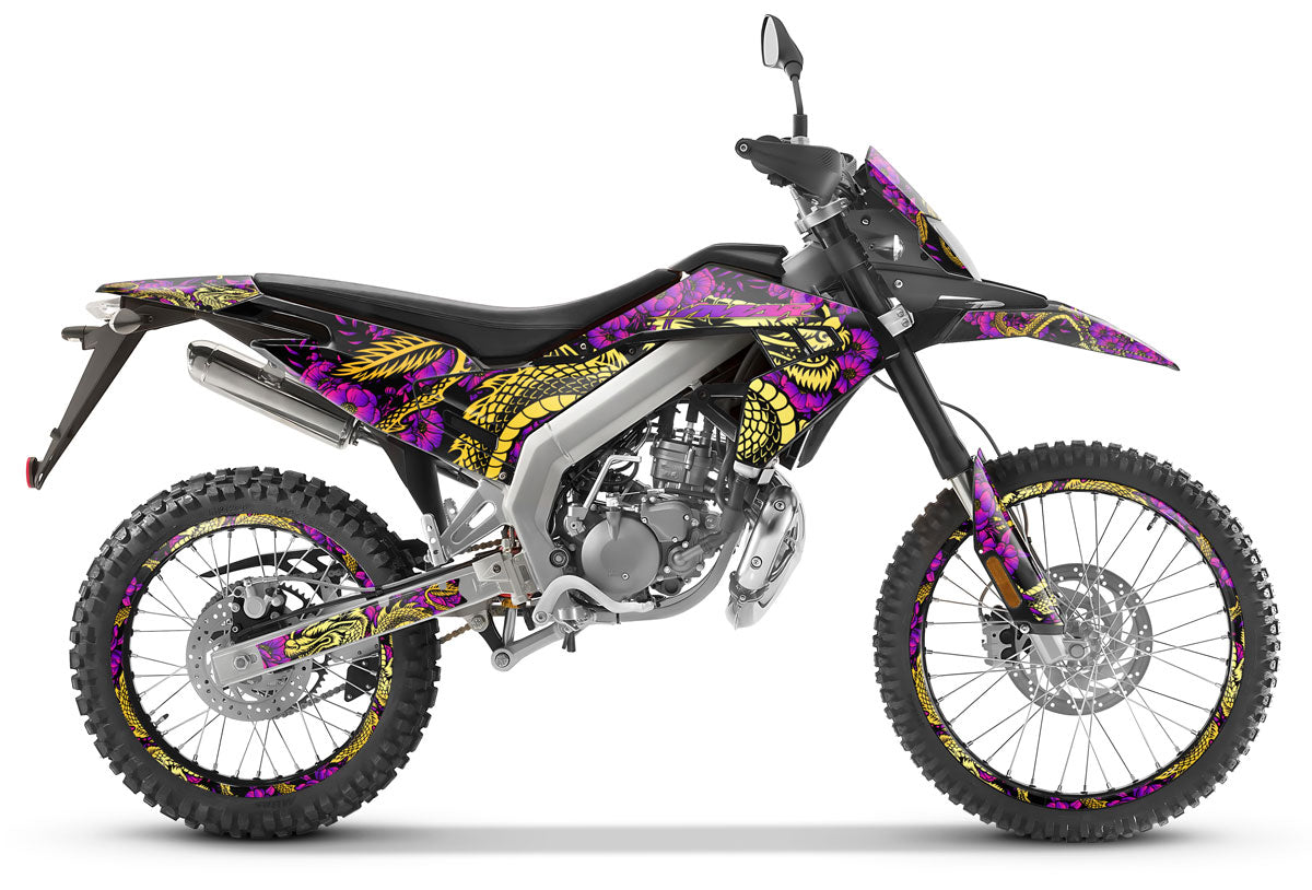 Kit déco Aprilia RX 50cc 2018-2025 Dragon sur une moto avec design féroce et graphique unique.