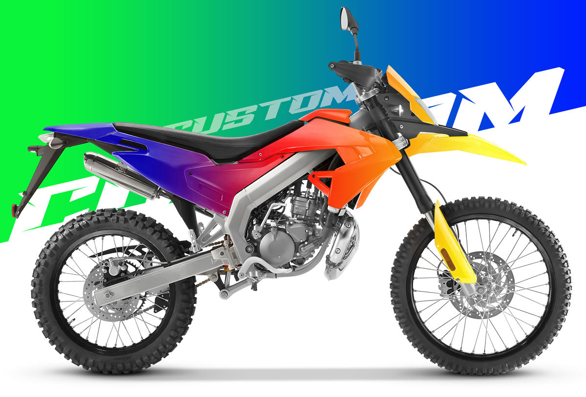 Kit déco 100% perso Aprilia RX 50cc 2018-2025 sur une moto stylisée avec design coloré.