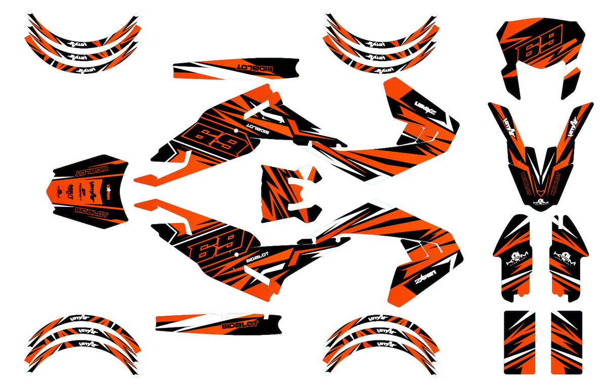 Kit déco Aprilia RX 50cc 2018-2025 Zerena - autocollants graphiques en orange et noir pour personnalisation moto.