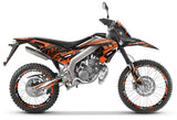 Kit déco Aprilia RX 50cc 2018-2025 Zerena sur moto orange et noire avec design moderne.