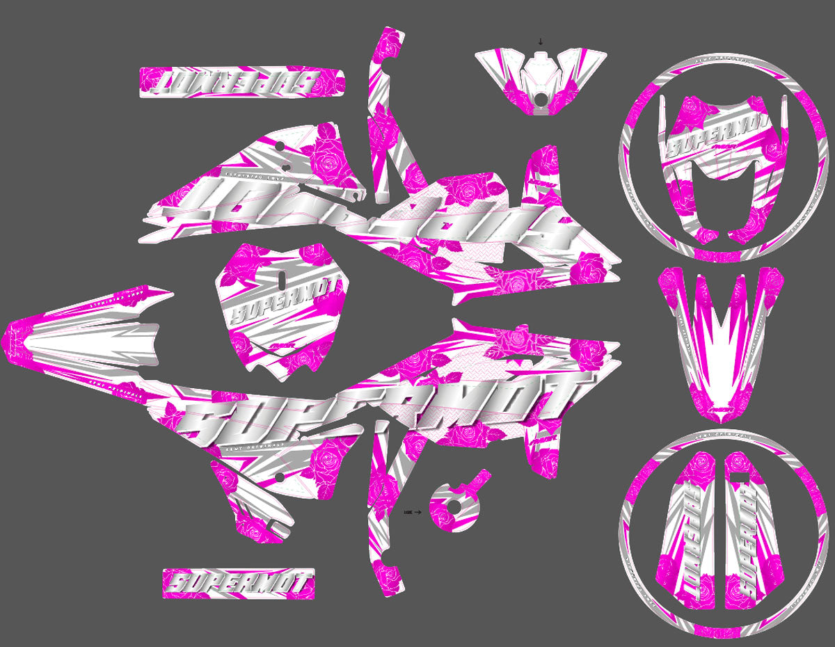 Kit déco Beta 125 LC Flower Power design featuring vibrant pink graphics and stickers for customizable motorcycle style.