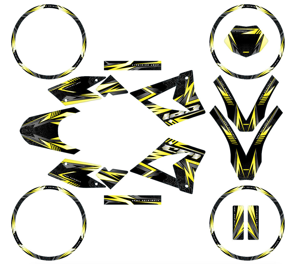 Dekor kit 50cc CPI SMX 2005-2015 Alpha mit gelb-schwarzem Grafikdesign für Supermoto-Motorrad.