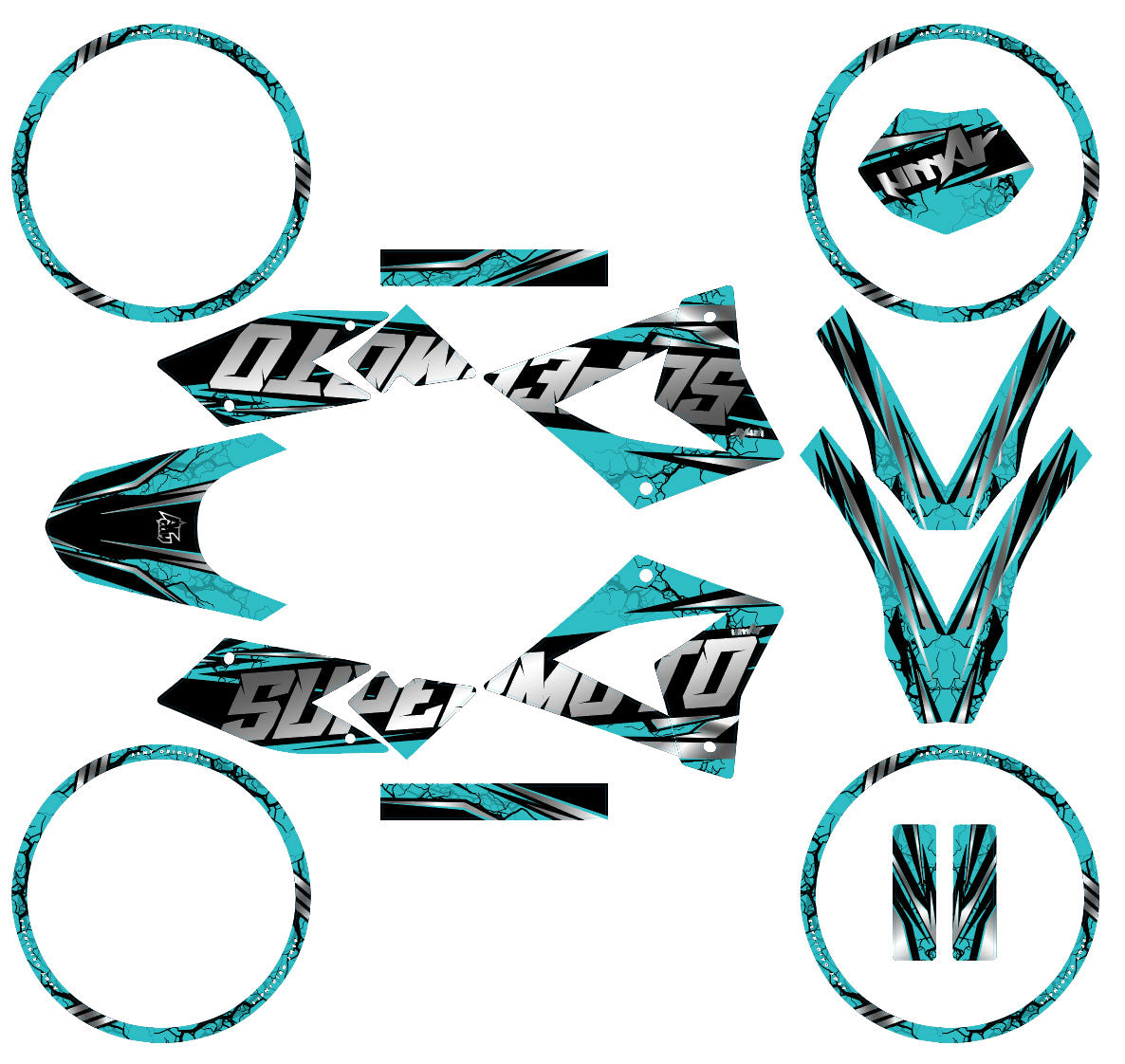 Dekor kit 50cc CPI SMX 2005-2015 Illuzion - türkis-schwarze Motorradaufkleber für Supermoto.