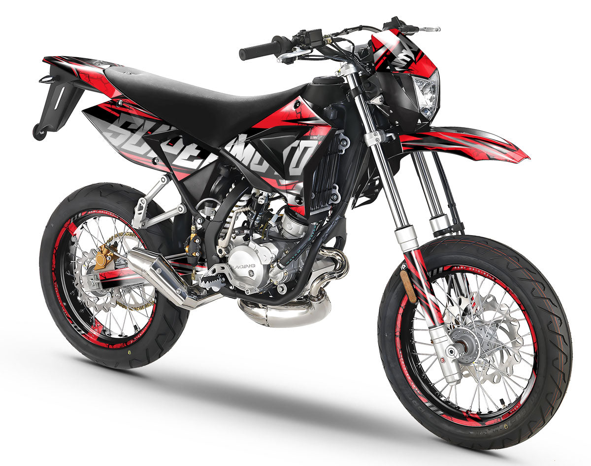 Dekor kit 50cc CPI SMX 2005-2015 Illuzion auf Supermoto-Motorrad mit modernem Grafikdesign.
