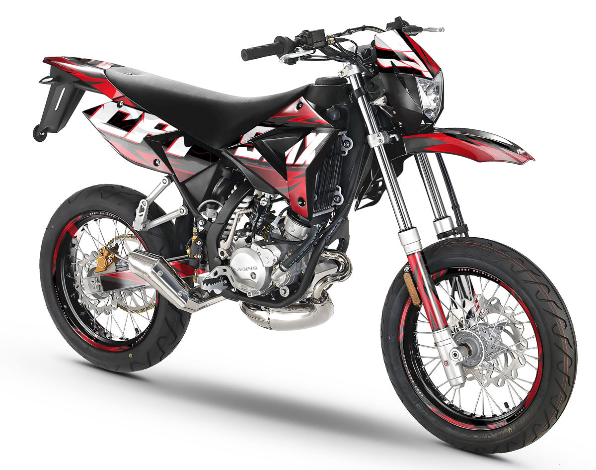 Dekor kit 50cc CPI SMX 2005-2015 Magix dargestellt auf einem Supermoto-Motorrad mit modernem Grafikdesign.