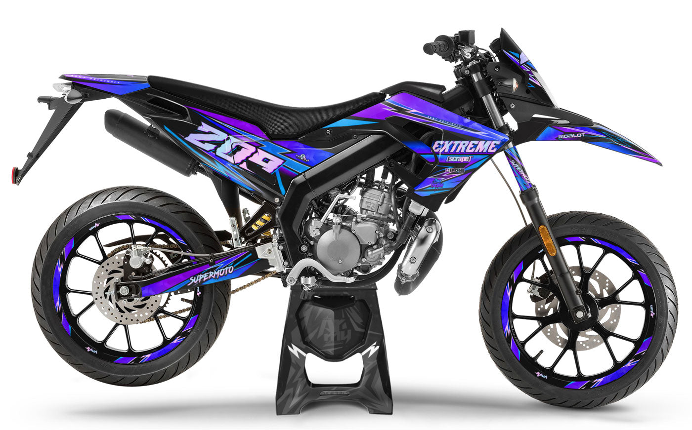 Derbi Senda avec kit déco bleu et violet et lignes dynamiques bleu ciel