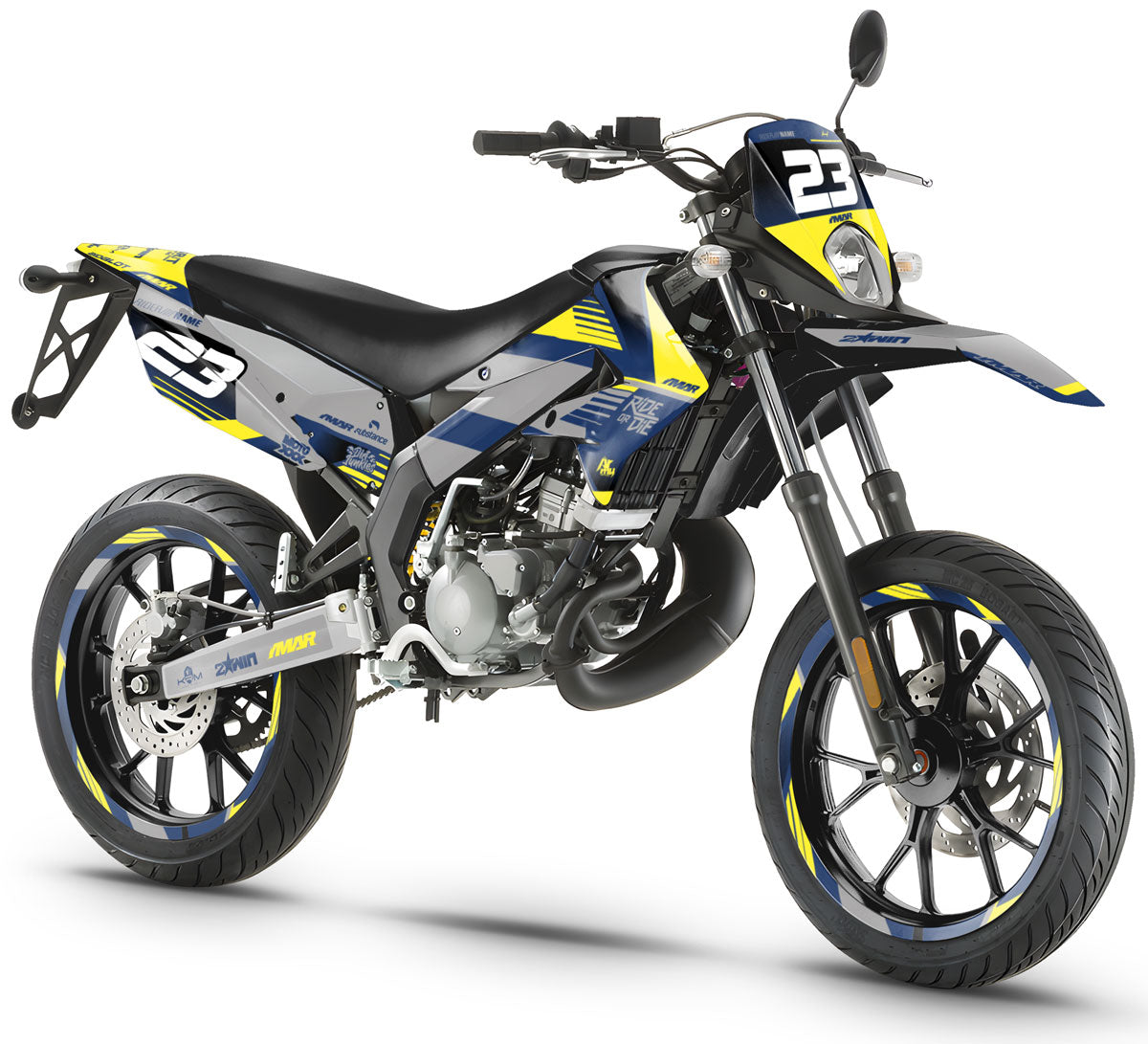 Kit déco 50cc Derbi Senda xtreme 2011-2017 ROD design on a motorcycle showcasing a modern supermotard style.