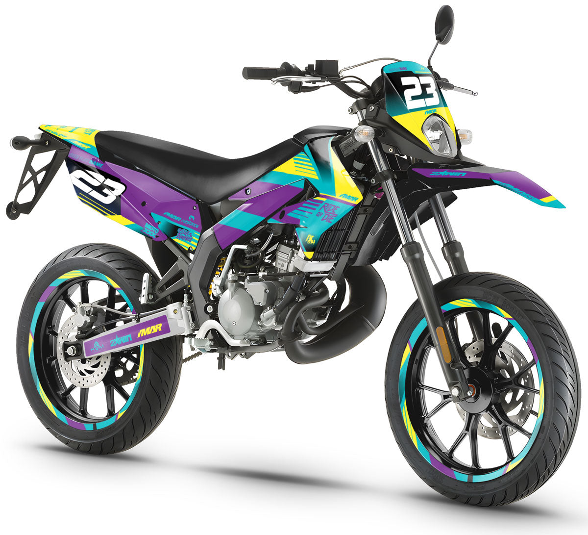 Kit déco 50cc Derbi Senda xtreme 2011-2017 ROD sur moto supermotard colorée avec stickers graphiques.