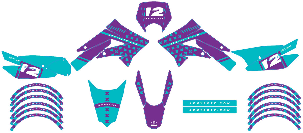 Kit déco 50cc Derbi Senda xtreme 2011-2017 Barren design in vibrant purple and turquoise for motorcycle customization.