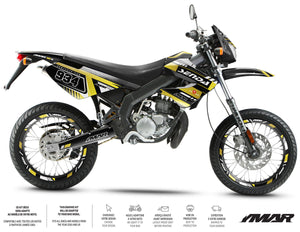 Kit déco 50cc Derbi Senda xtreme 2006-2010 Kunst sur une moto supermotard avec design accrocheur.