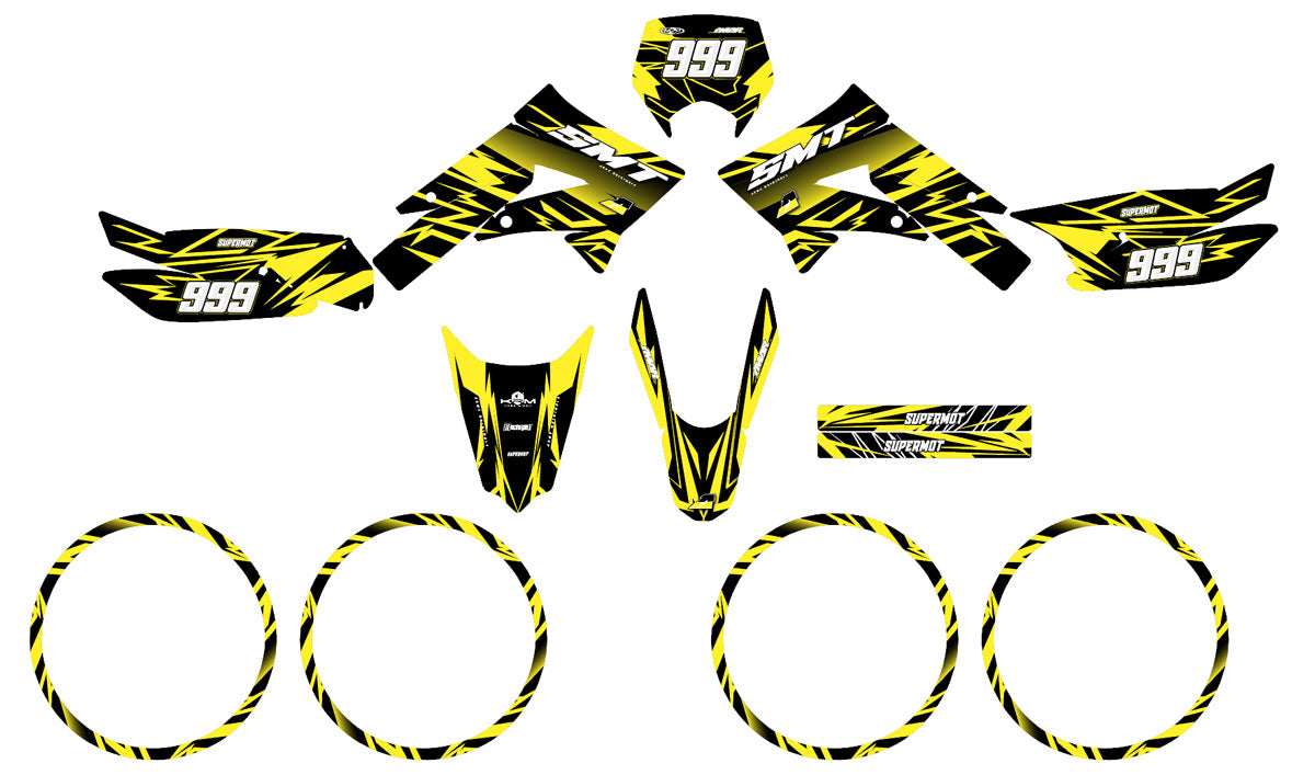 Dekor kit 50cc Gilera SMT 2011-2017 Achtel - Gelb-schwarzes Grafikdesign mit Aufklebern und Stickern für Motorrad.