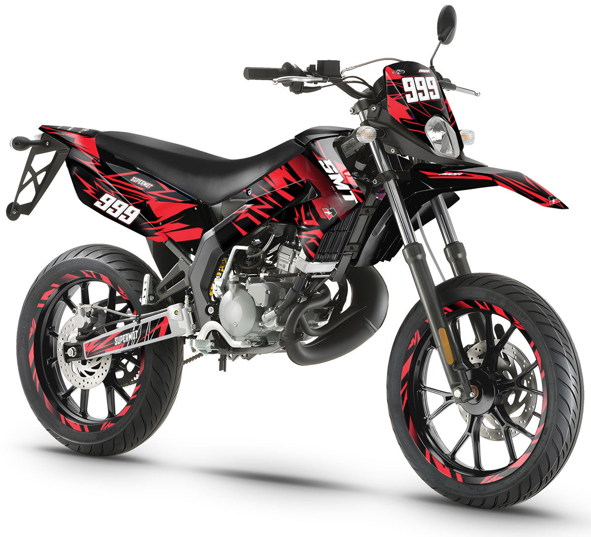 Dekor kit 50cc Gilera SMT 2011-2017 Achter auf dem Motorrad mit rot-schwarzem Design.