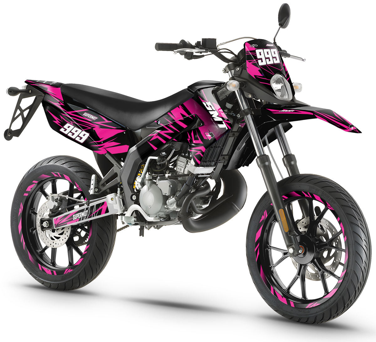 Kit déco 50cc Gilera SMT 2011-2017 Huitième sur moto avec design graphique moderne en rose et noir.