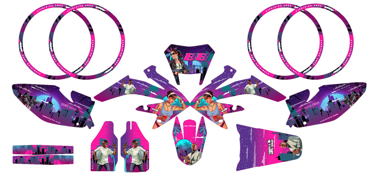 Kit déco HM CRM 50 Derapage GTA Style sur fond coloré avec stickers et pièces graphiques pour moto 50cc.