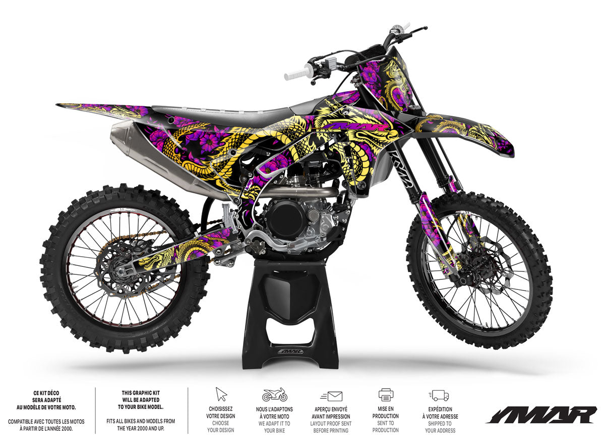 Kit Déco Motocross Dragoflow – Design Dynamique, Compatible Tous Modèles sur moto avec autocollant coloré.