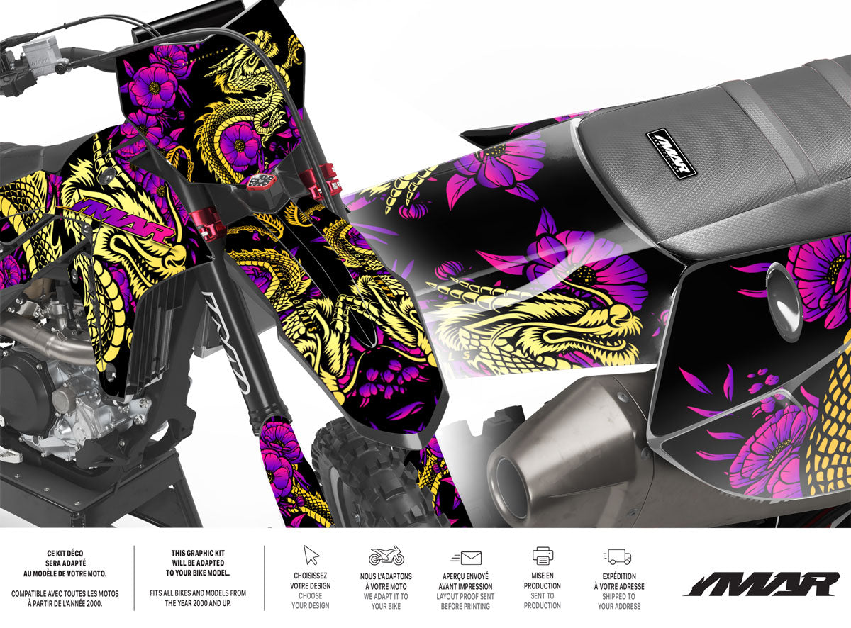 Kit Déco Motocross Dragoflow – Design Dynamique, Compatible Tous Modèles sur motocross avec motifs dragon et fleurs vibrantes.