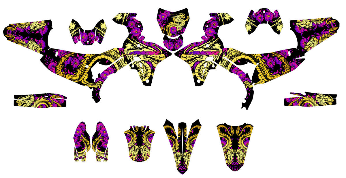 Kit Déco Motocross Dragoflow – Design Dynamique, Compatible Tous Modèles avec motifs en violet et or.