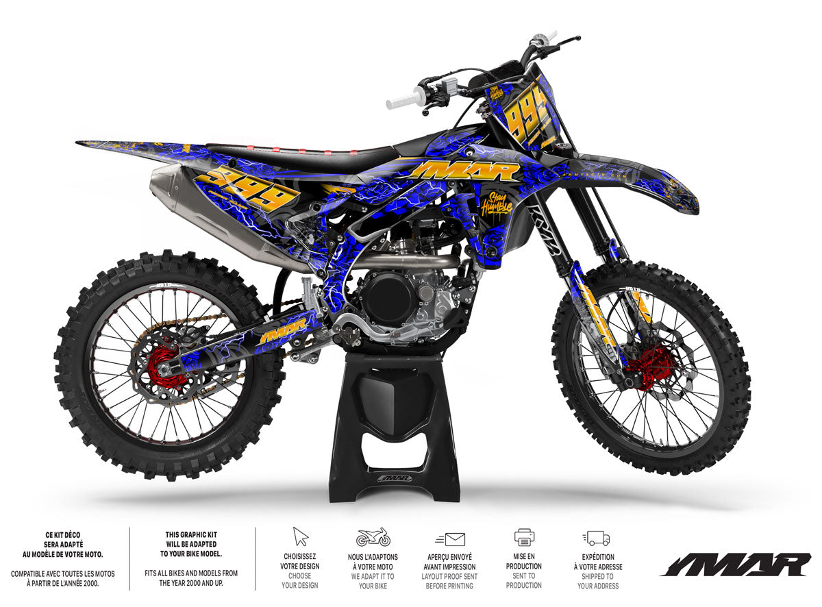 Kit Déco Motocross Granted Blue – Compatible Tous Modèles, Design Premium sur motocross avec autocollants stylés.