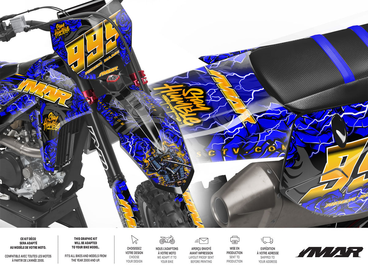 Kit Déco Motocross Granted Blue – Compatible Tous Modèles, Design Premium sur motocross avec design vibrant.