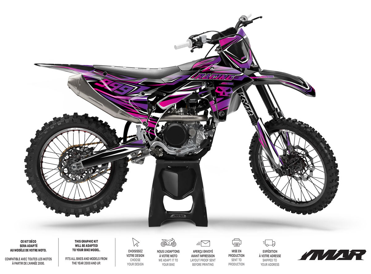 Kit Déco Motocross Spirit – Design Épuré & Stylé, Compatible Tous Modèles sur motocross avec autocollants violets.