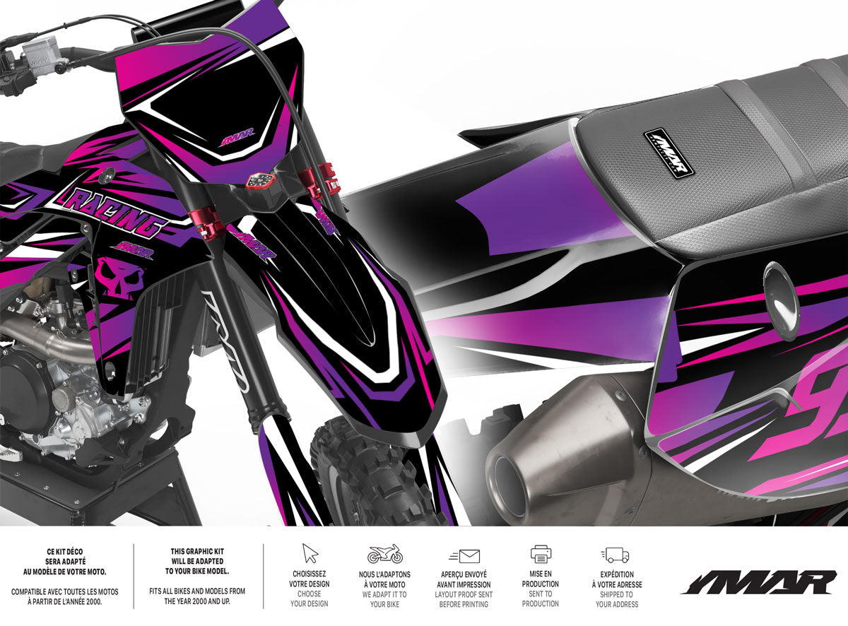 Kit Déco Motocross Spirit – Design Épuré & Stylé, Compatible Tous Modèles pour motocross avec design violet et noir.