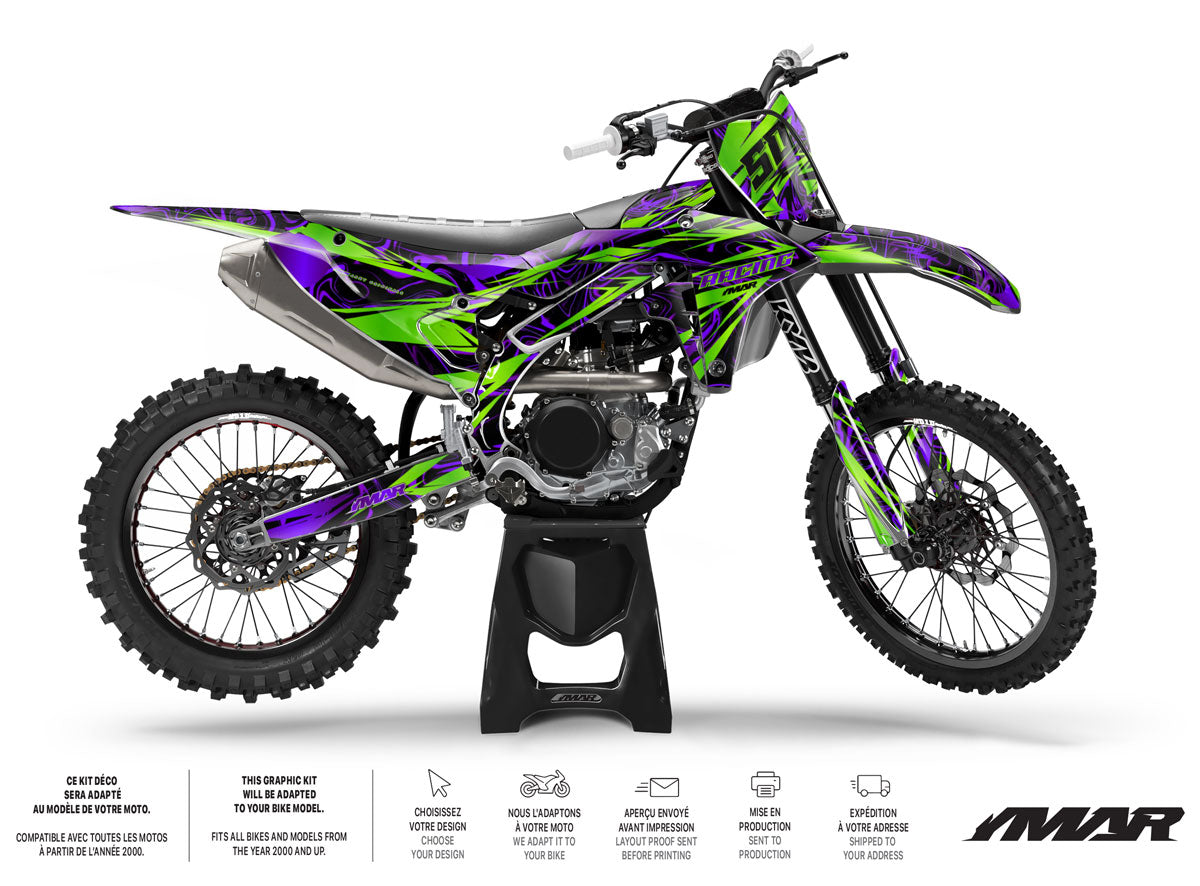 Image of a motocross bike featuring the Kit Déco Motocross Zontix – Look Futuriste, Compatible Tous Modèles design.