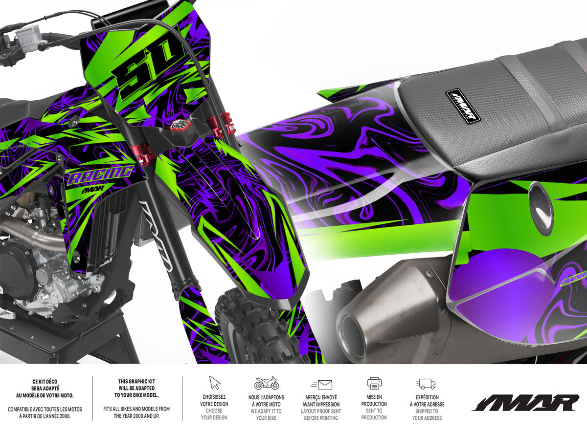 Kit Déco Motocross Zontix – Look Futuriste, Compatible Tous Modèles sur moto avec designs géométriques et couleurs vives.