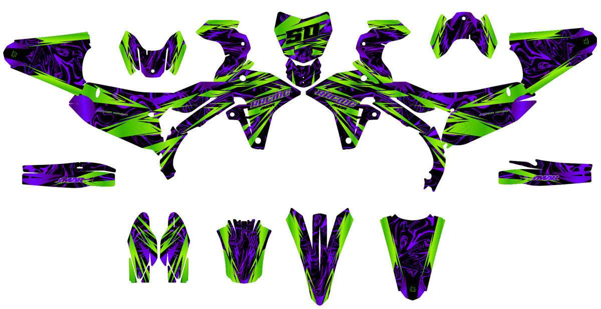 Kit Déco Motocross Zontix – Look Futuriste, Compatible Tous Modèles avec motifs géométriques verts et violets.