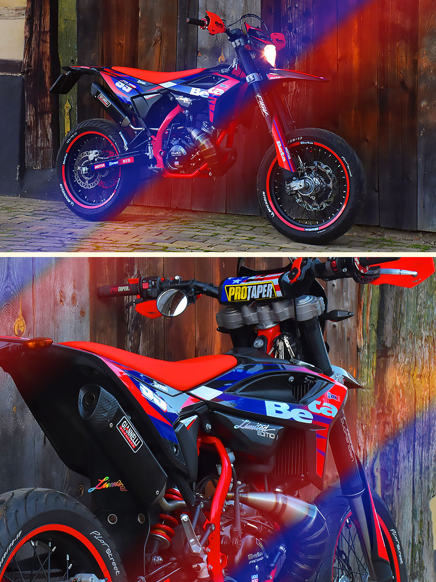 kit déco Beta 50cc bleu, rouge et noir avec numéros en chrome