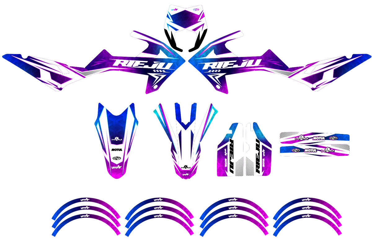 Kit déco 50cc Rieju MRT 2022-2025 R-Force with vibrant stickers and design for a motorcycle upgrade.