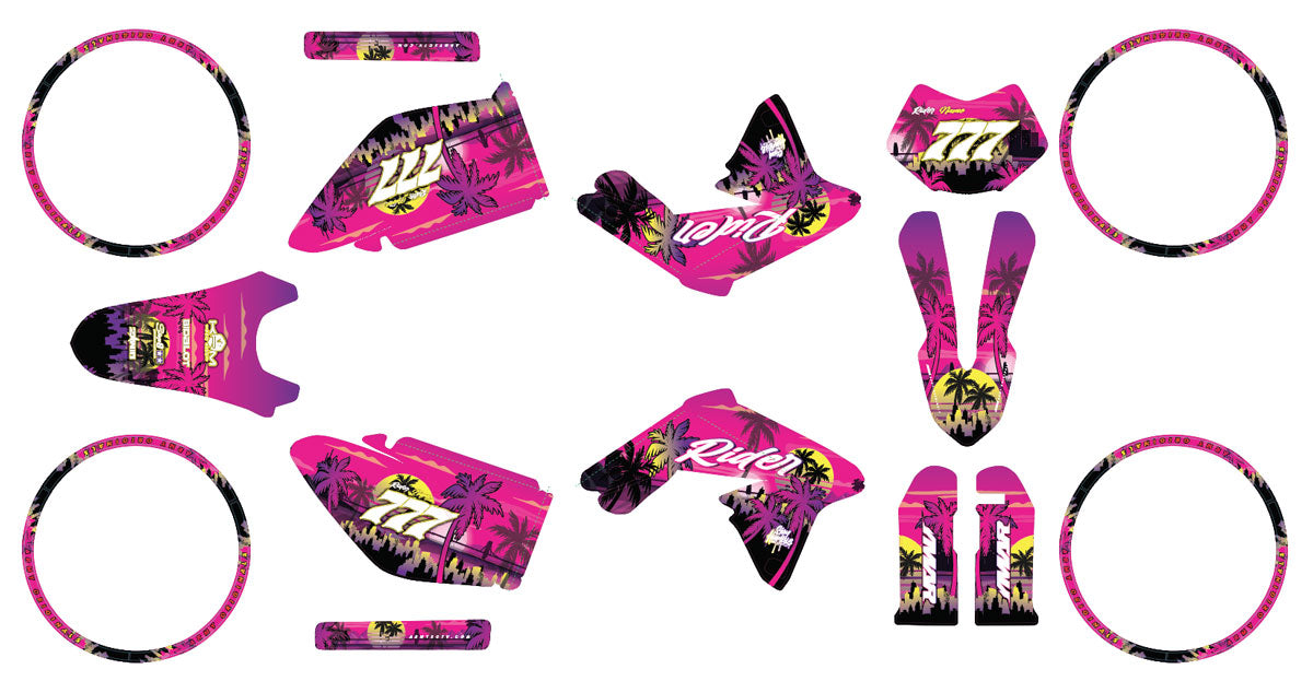 Kit déco 50cc Valenti Racing Miami Evo - vibrant pink and tropical design stickers for 50cc motorcycle.