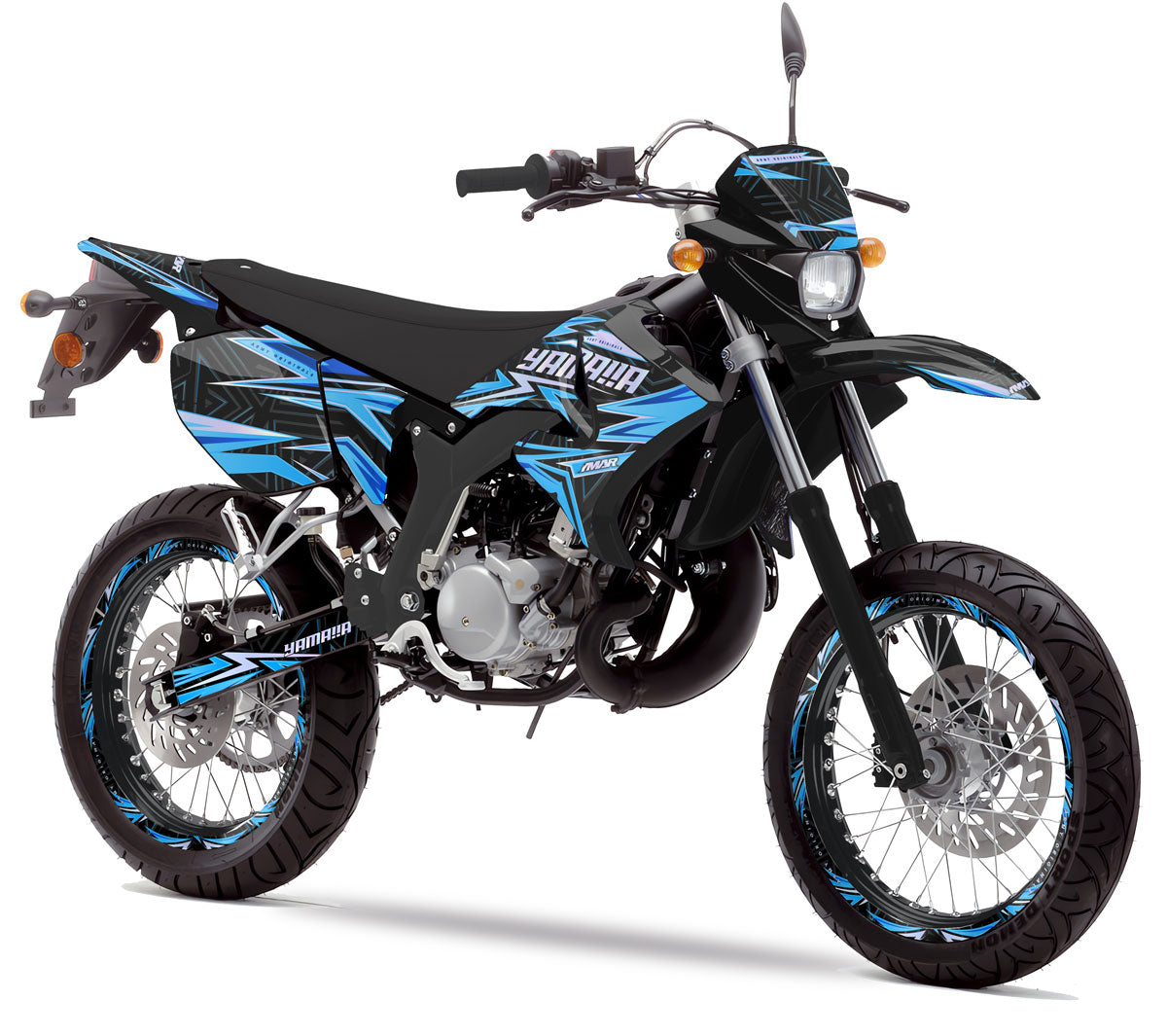 Kit déco moto 50cc Anomine - Compatible avec Yamaha DT 2004-2012 sur une moto avec design bleu et noir.